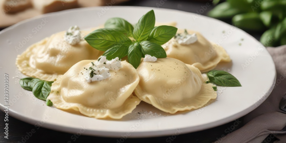 Creamy white ravioli half on plate, with basil leaves and ricotta cheese, basil, garnish, cream Creamy white ravioli half on plate, with basil leaves and ricotta cheese, basil, garnish, cream