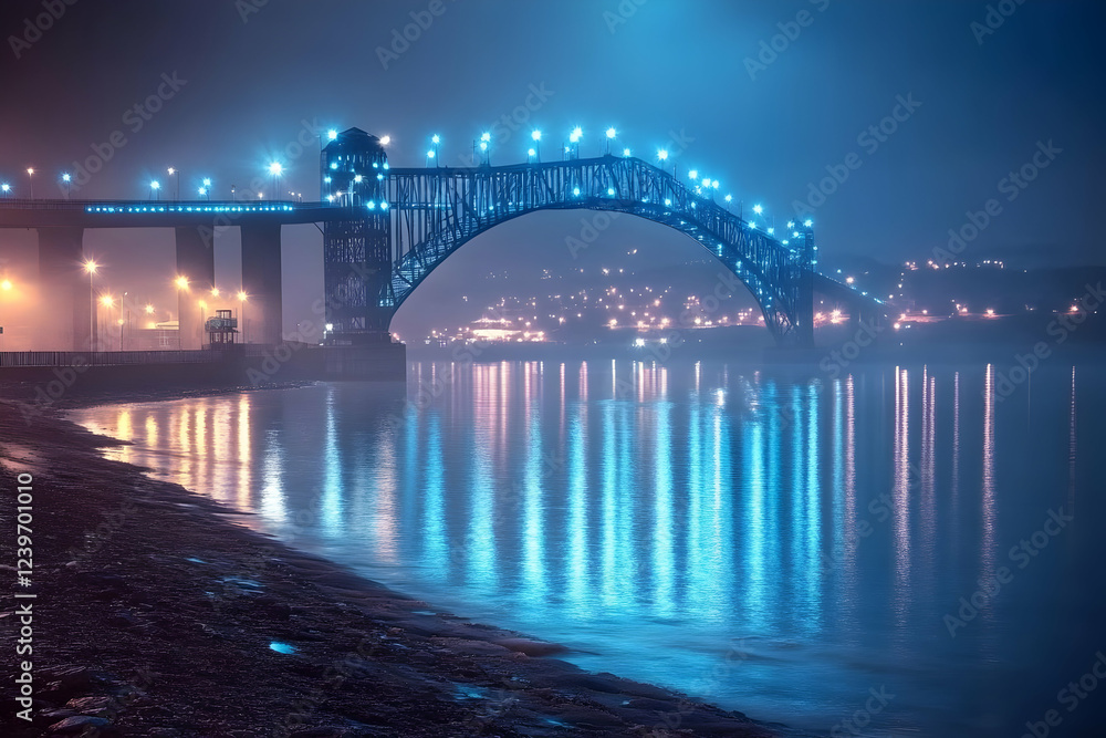 Naklejka premium Illuminated Arch Bridge Reflects in Misty Waters at Night with City Lights in Background