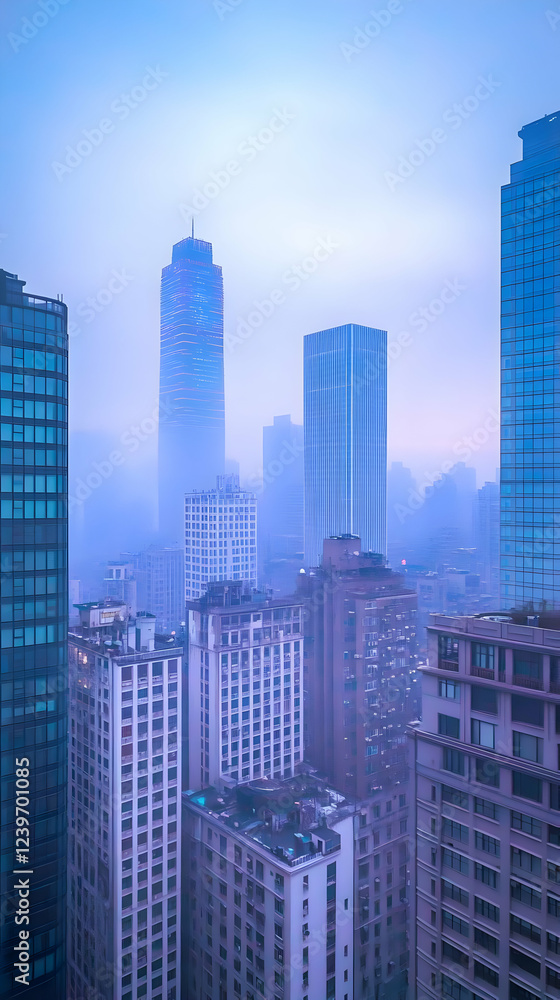 Modern Cityscape Shrouded in Fog with Skyscrapers Reaching for the Sky at Dusk Modern Cityscape Shrouded in Fog with Skyscrapers Reaching for the Sky at Dusk