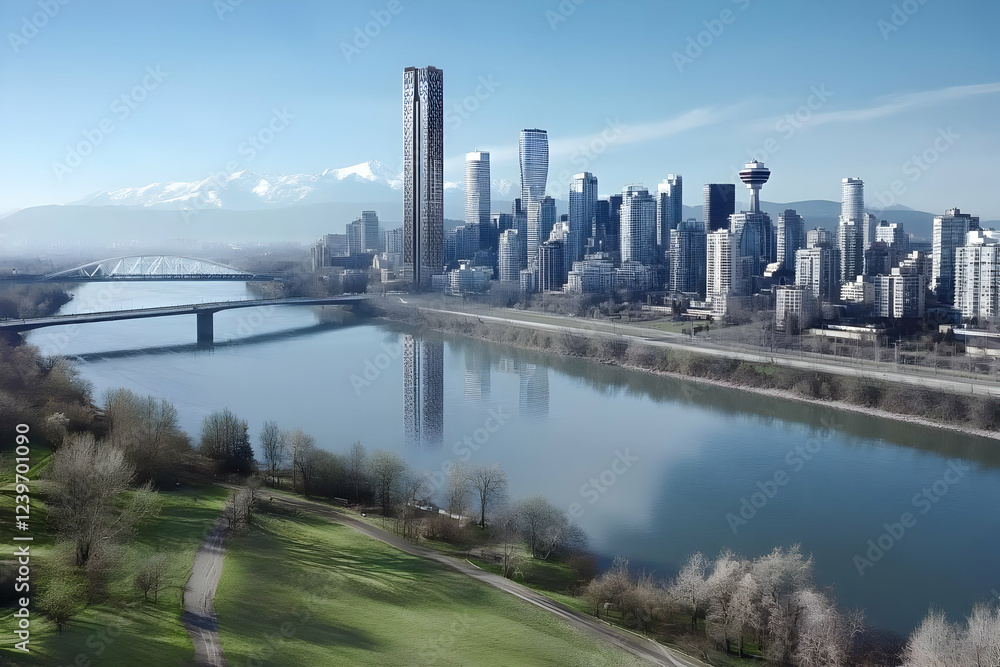 Fototapeta premium Modern Cityscape Reflects in Serene River with Majestic Mountains and Lush Green Park