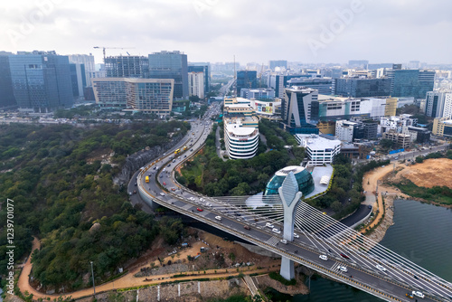 Aerial view of Hitec city Durgam Cheruvu n Hyderabad city, India.