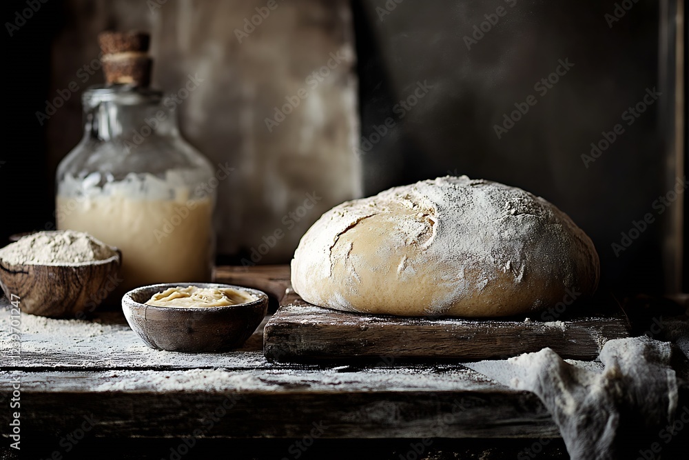 Freshly Baked Artisanal Bread with Ingredients on Rustic Surface : Generative AI Freshly Baked Artisanal Bread with Ingredients on Rustic Surface : Generative AI