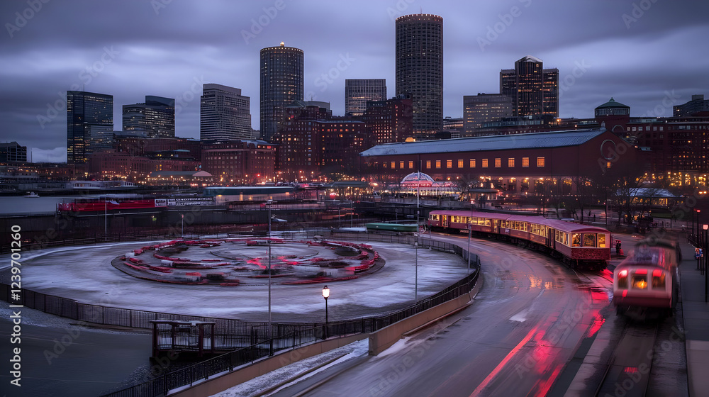 Fototapeta premium Cityscape with Train Passing by Carousel at Dusk under Cloudy Sky in Winter