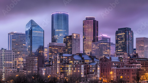 Illuminated cityscape showcases modern architecture with glowing towers and urban residences at dusk.