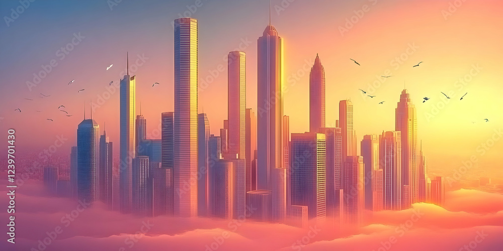 Fototapeta premium Modern Cityscape Rises Above the Clouds at Sunset with Birds Soaring Peacefully
