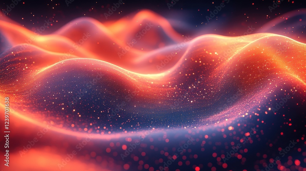 Obraz premium A mesmerizing visualization of dynamic, glowing waves of particles creating a vibrant and cosmic landscape with warm and cool tones blending in a digital abstract form.