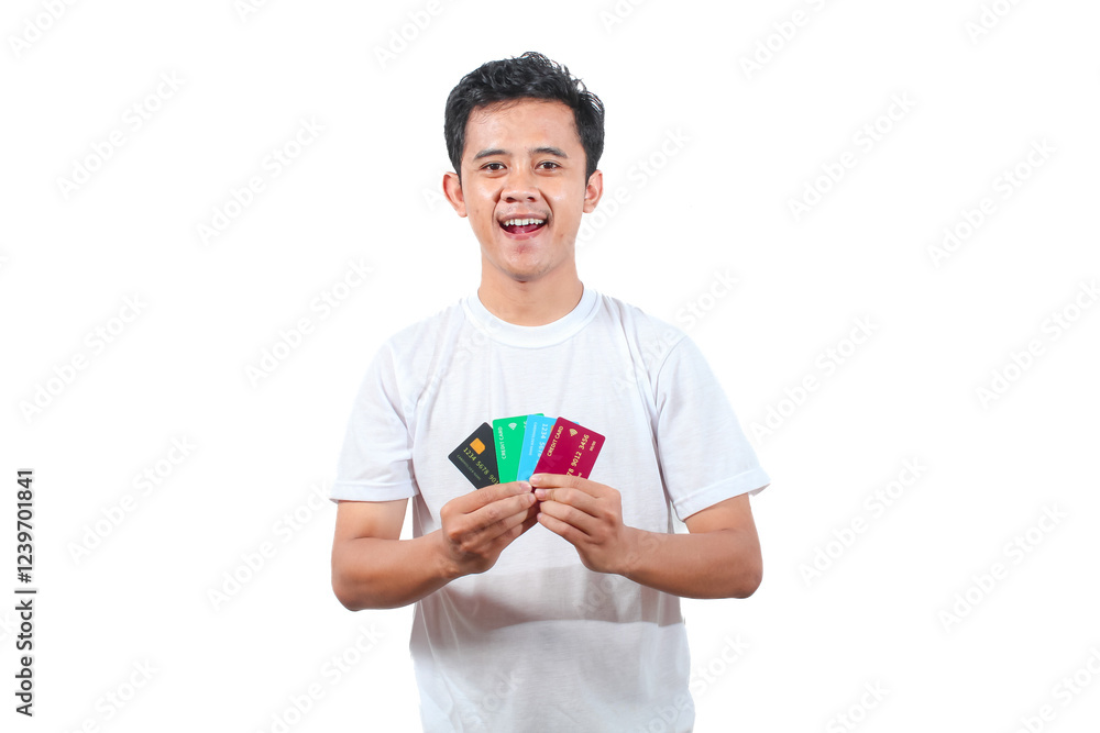 Asian man wearing white t-shirt holding credit card isolated on white background.business,finance,economy concept Asian man wearing white t-shirt holding credit card isolated on white background.business,finance,economy concept