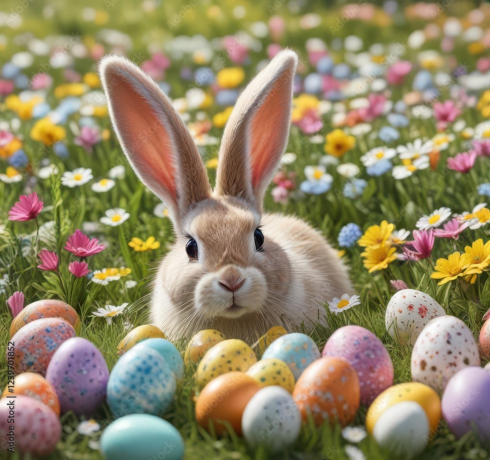 Cute bunny ears hiding among Easter eggs in a vibrant floral meadow, hidden, discovery, bunny ears Cute bunny ears hiding among Easter eggs in a vibrant floral meadow, hidden, discovery, bunny ears