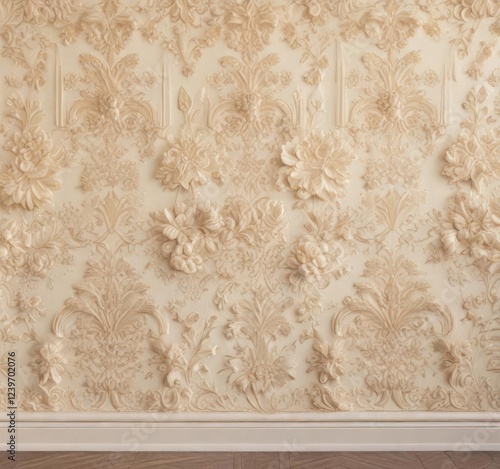 Damask pattern on cream-colored walls with intricate floral design,  vintage,  interior,  texture