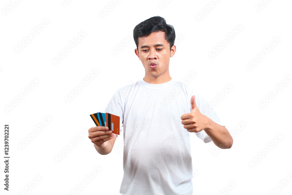 Asian man wearing white t-shirt showing credit card and giving thumbs up sign Asian man wearing white t-shirt showing credit card and giving thumbs up sign