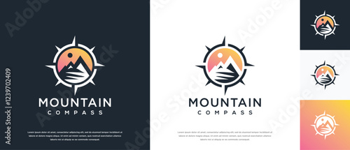 Compass mount logo design. Compass logo template with mountain. Adventure logo symbol icon