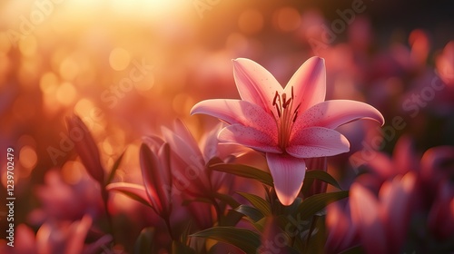 Ethereal Pink Lilies Blooming in Soft Golden Morning Light Romantic Floral Photography Botanical Aesthetic Imagery Macro Nature Photography Ethereal Pink Lilies Blooming