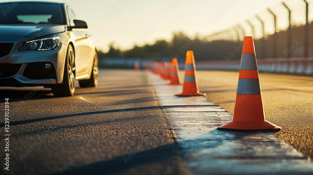 Sleek car navigating through traffic cones on a sunlit race track at sunset for driving practice and safety training