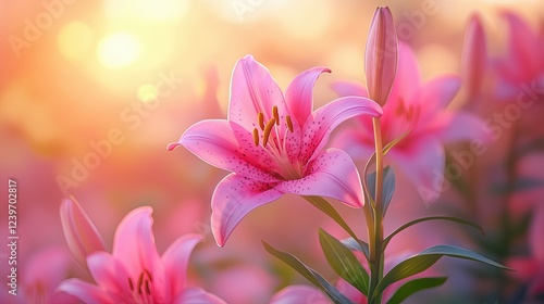 Ethereal Pink Lilies Blooming in Soft Golden Morning Light Romantic Floral Photography Botanical Aesthetic Imagery Macro Nature Photography Ethereal Pink Lilies Blooming