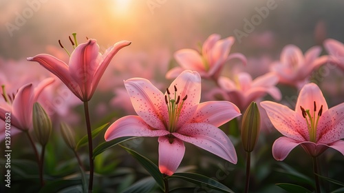 Ethereal Pink Lilies Blooming in Soft Golden Morning Light Romantic Floral Photography Botanical Aesthetic Imagery Macro Nature Photography Ethereal Pink Lilies Blooming