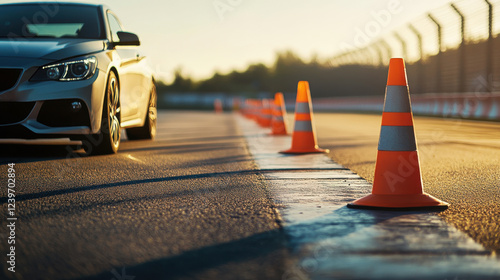 Sleek car navigating through traffic cones on a sunlit race track at sunset for driving practice and safety training