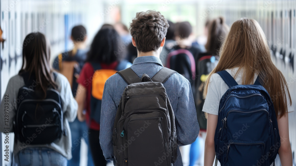 Rear view of diverse group of teen students walking in school hallway with backpacks on a busy day