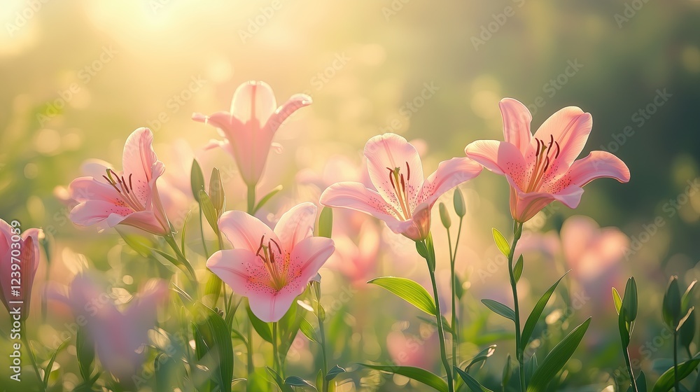 Ethereal Pink Lilies Blooming in Soft Golden Morning Light Romantic Floral Photography Botanical Aesthetic Imagery Macro Nature Photography Ethereal Pink Lilies Blooming