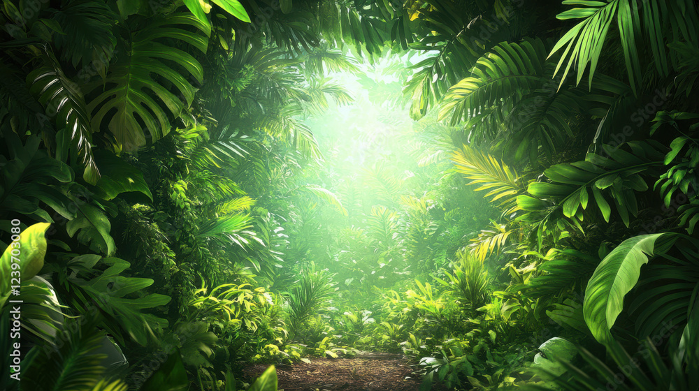 Fototapeta premium Lush greenery and sunlight in dense jungle forest with vibrant tropical foliage and sun-dappled leaves in a natural wilderness setting