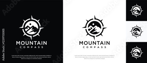 Compass mount logo design. Compass logo template with mountain. Adventure logo symbol icon