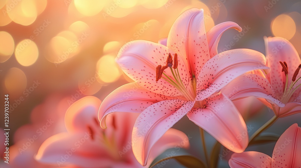 Fototapeta premium Ethereal Pink Lilies Blooming in Soft Golden Morning Light Romantic Floral Photography Botanical Aesthetic Imagery Macro Nature Photography Ethereal Pink Lilies Blooming