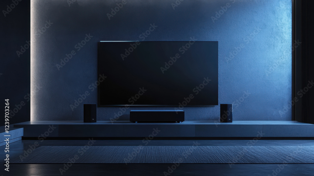 Modern minimalist home theater room with large screen tv and surround sound system in sleek blue and black interior design