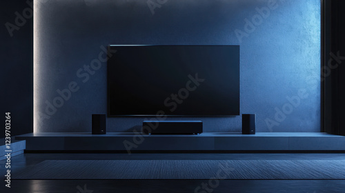Obraz na płótnie Modern minimalist home theater room with large screen tv and surround sound system in sleek blue and black interior design w salonie