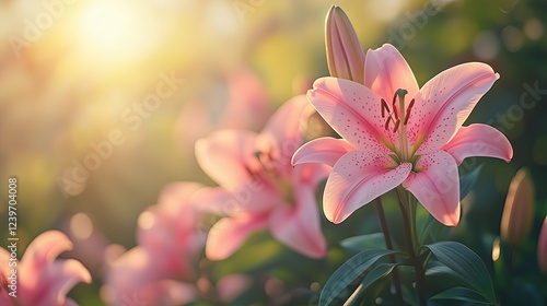 Ethereal Pink Lilies Blooming in Soft Golden Morning Light Romantic Floral Photography Botanical Aesthetic Imagery Macro Nature Photography Ethereal Pink Lilies Blooming
