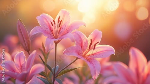 Ethereal Pink Lilies Blooming in Soft Golden Morning Light Romantic Floral Photography Botanical Aesthetic Imagery Macro Nature Photography Ethereal Pink Lilies Blooming