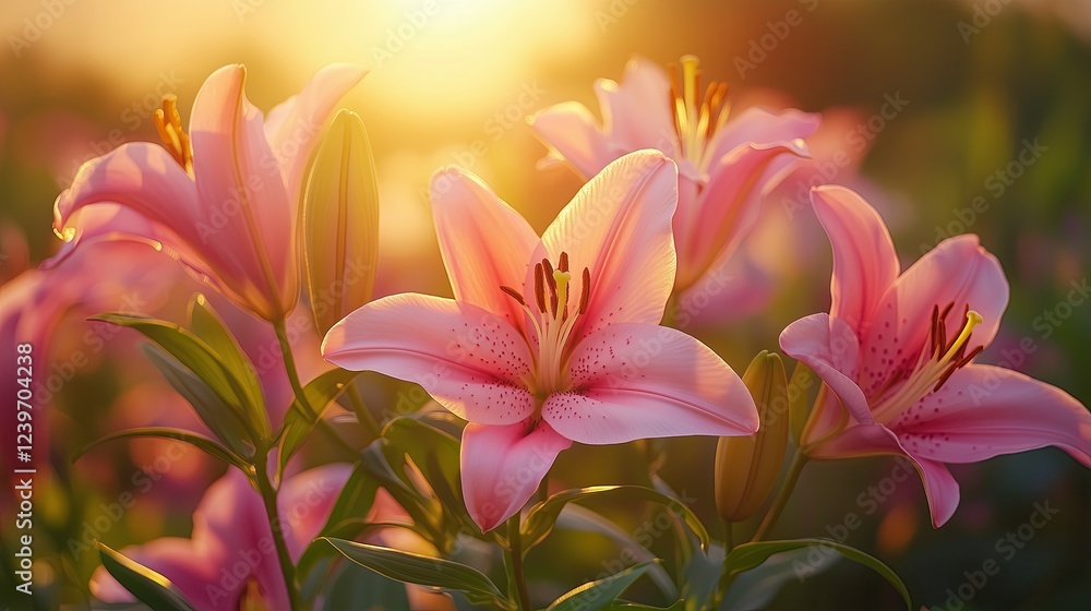 Naklejka premium Ethereal Pink Lilies Blooming in Soft Golden Morning Light Romantic Floral Photography Botanical Aesthetic Imagery Macro Nature Photography Ethereal Pink Lilies Blooming