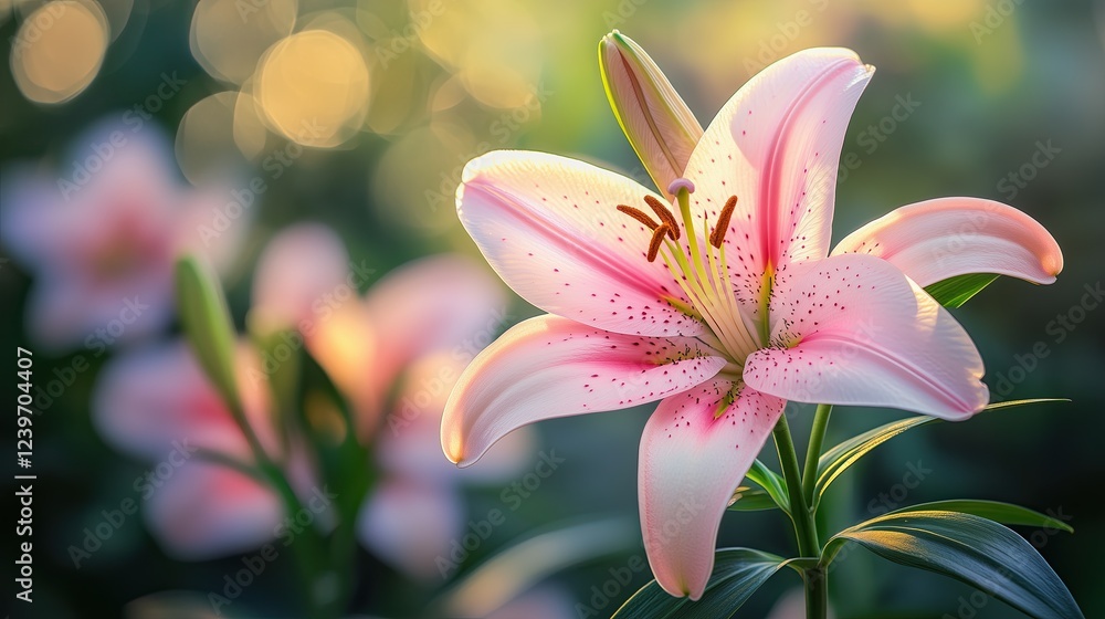 Fototapeta premium Ethereal Pink Lilies Blooming in Soft Golden Morning Light Romantic Floral Photography Botanical Aesthetic Imagery Macro Nature Photography Ethereal Pink Lilies Blooming