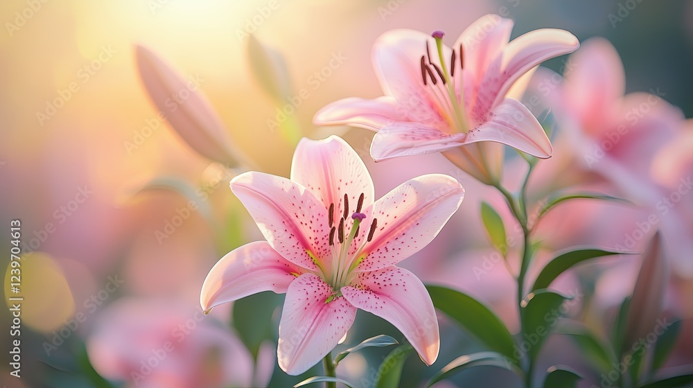 Fototapeta premium Ethereal Pink Lilies Blooming in Soft Golden Morning Light Romantic Floral Photography Botanical Aesthetic Imagery Macro Nature Photography Ethereal Pink Lilies Blooming