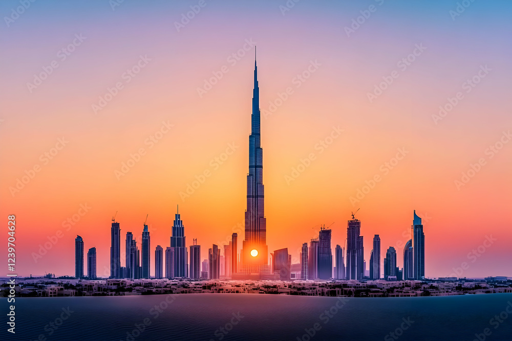 Obraz premium Skyscraper stands tall at sunset in desert city with vibrant orange, purple sky and gradient