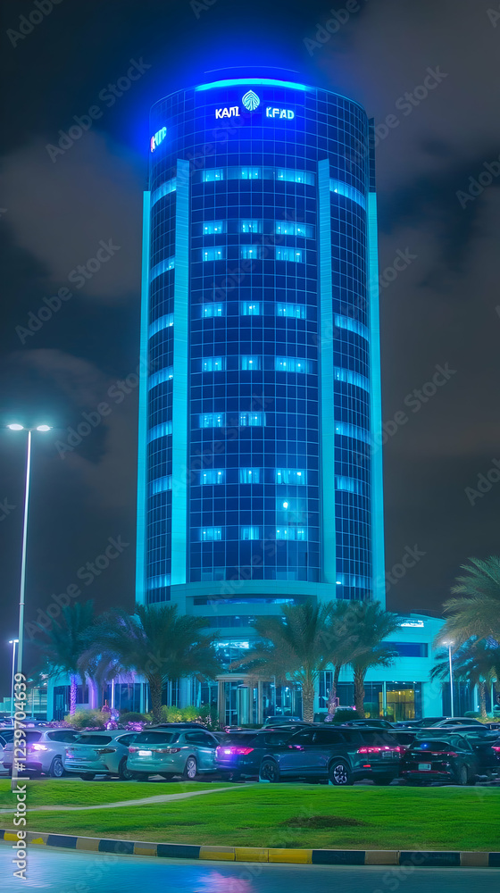 Fototapeta premium Modern Cylindrical Skyscraper Illuminates the Night Sky with Vibrant Blue Lights Majestically