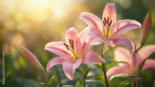 Ethereal Pink Lilies Blooming in Soft Golden Morning Light Romantic Floral Photography Botanical Aesthetic Imagery Macro Nature Photography Ethereal Pink Lilies Blooming