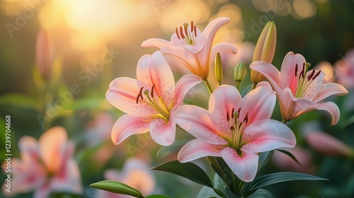 Ethereal Pink Lilies Blooming in Soft Golden Morning Light Romantic Floral Photography Botanical Aesthetic Imagery Macro Nature Photography Ethereal Pink Lilies Blooming