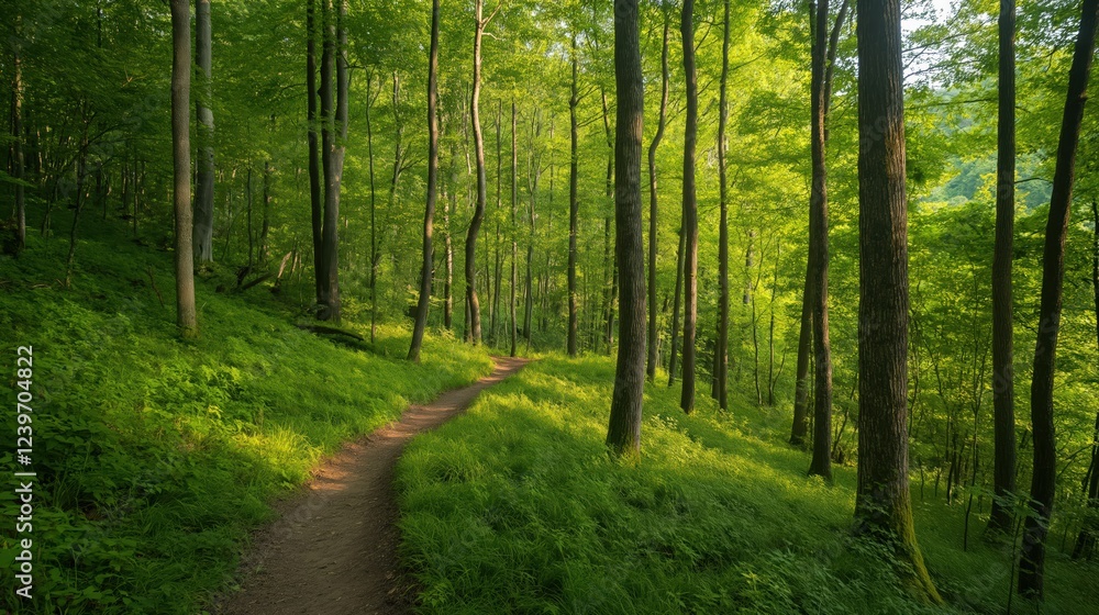 Fototapeta premium Sun Dappled Path Through Lush Green Forest