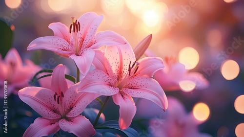 Ethereal Pink Lilies Blooming in Soft Golden Morning Light Romantic Floral Photography Botanical Aesthetic Imagery Macro Nature Photography Ethereal Pink Lilies Blooming