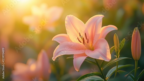 Ethereal Pink Lilies Blooming in Soft Golden Morning Light Romantic Floral Photography Botanical Aesthetic Imagery Macro Nature Photography Ethereal Pink Lilies Blooming