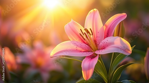 Ethereal Pink Lilies Blooming in Soft Golden Morning Light Romantic Floral Photography Botanical Aesthetic Imagery Macro Nature Photography Ethereal Pink Lilies Blooming