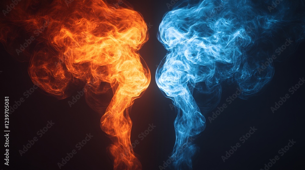 Fototapeta premium Fiery orange and cool blue smoke swirl dramatically against dark background creating intense contrast. AI Generated