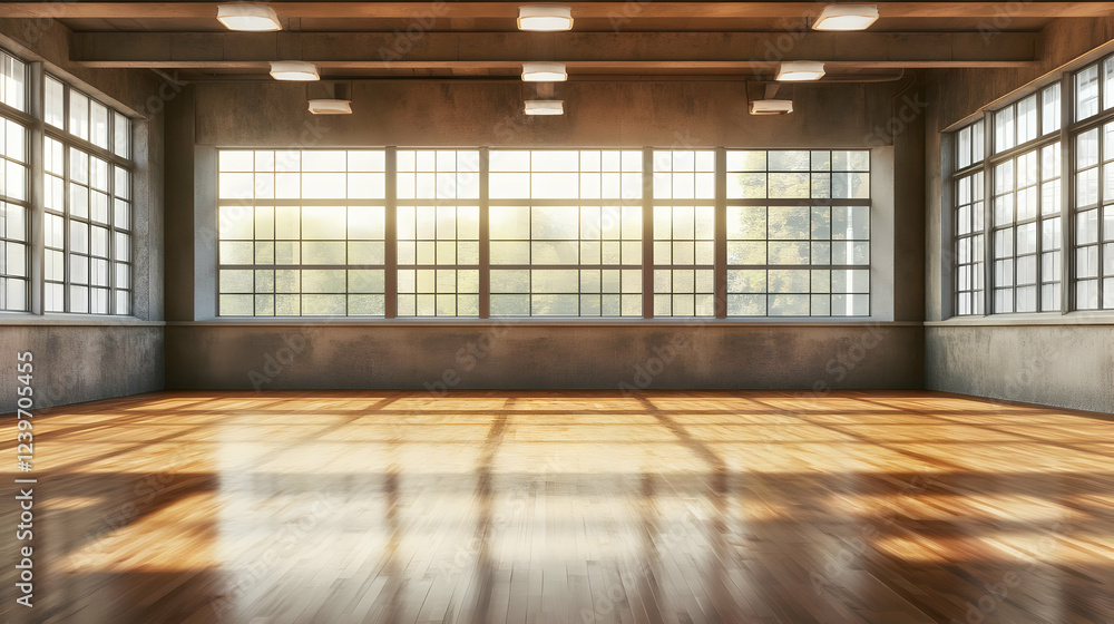 Empty Room with Large Windows and Polished Wood Floor Illuminates by Sunlight Empty Room with Large Windows and Polished Wood Floor Illuminates by Sunlight