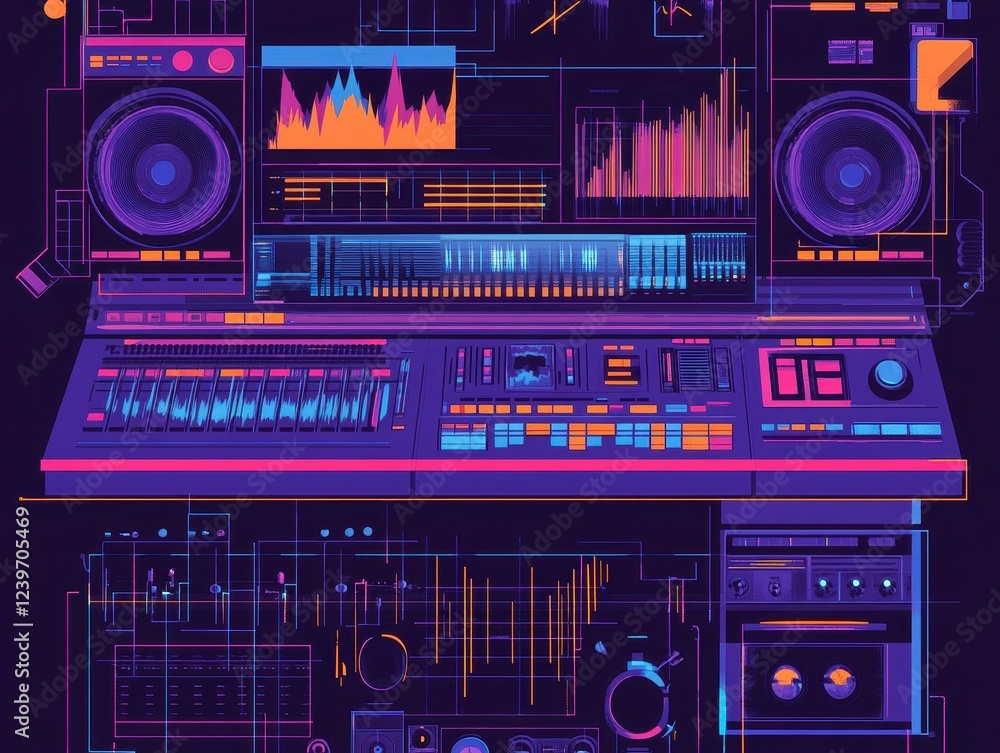 Fototapeta premium Retro Synthwave Music Studio Setup: 80s Inspired Digital Audio Workstation Design.