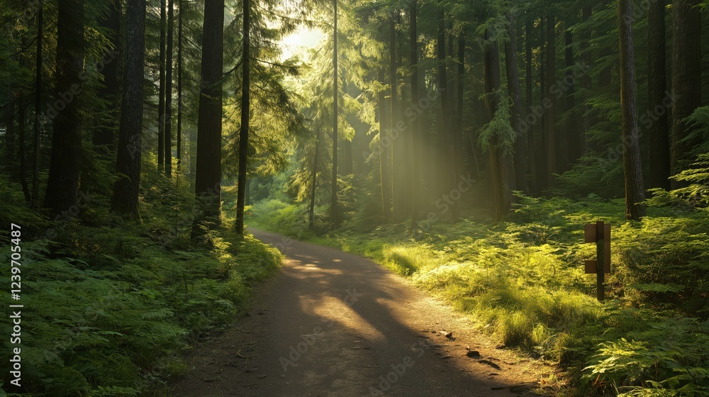 Sunlit Forest Path Golden Light Rays and Lush Greenery Sunlit Forest Path Golden Light Rays and Lush Greenery