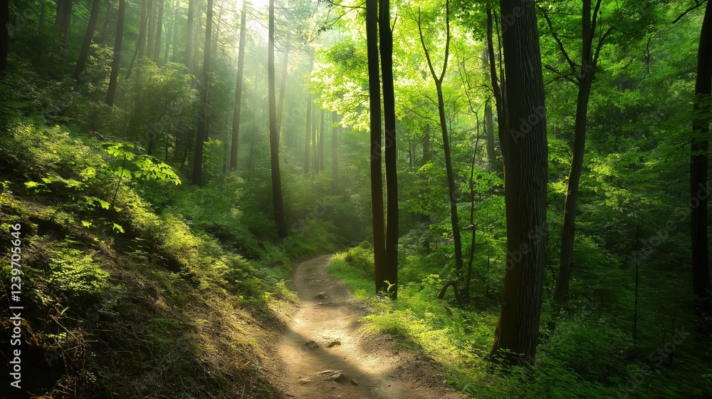 Obraz premium Sun Dappled Forest Path Lush Green Canopy Tranquil Nature Scene