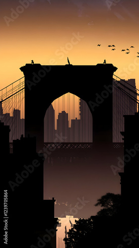 Silhouetted Bridge and City...