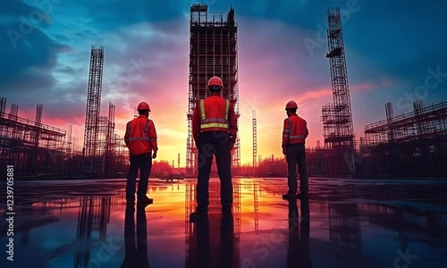 Three construction workers silhouetted against a vibrant sunset at a building site.