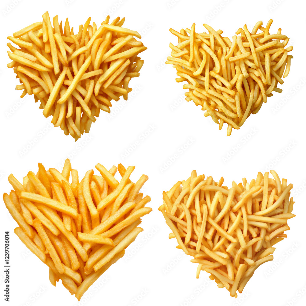 Fototapeta premium Heart-shaped arrangement of crispy french fries on a transparent background for food lovers and culinary art enthusiasts alike
