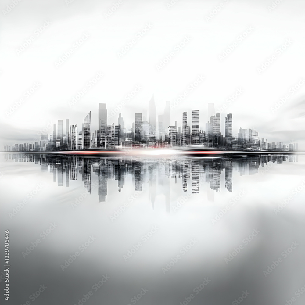 Fototapeta premium Modern Cityscape Reflects in Tranquil Water with a Touch of Red Light Trail at Sunset