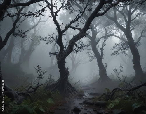 Dark leafy forest with twisted vines and eerie mist,  vines,  eerie ,  exotic leaves photo